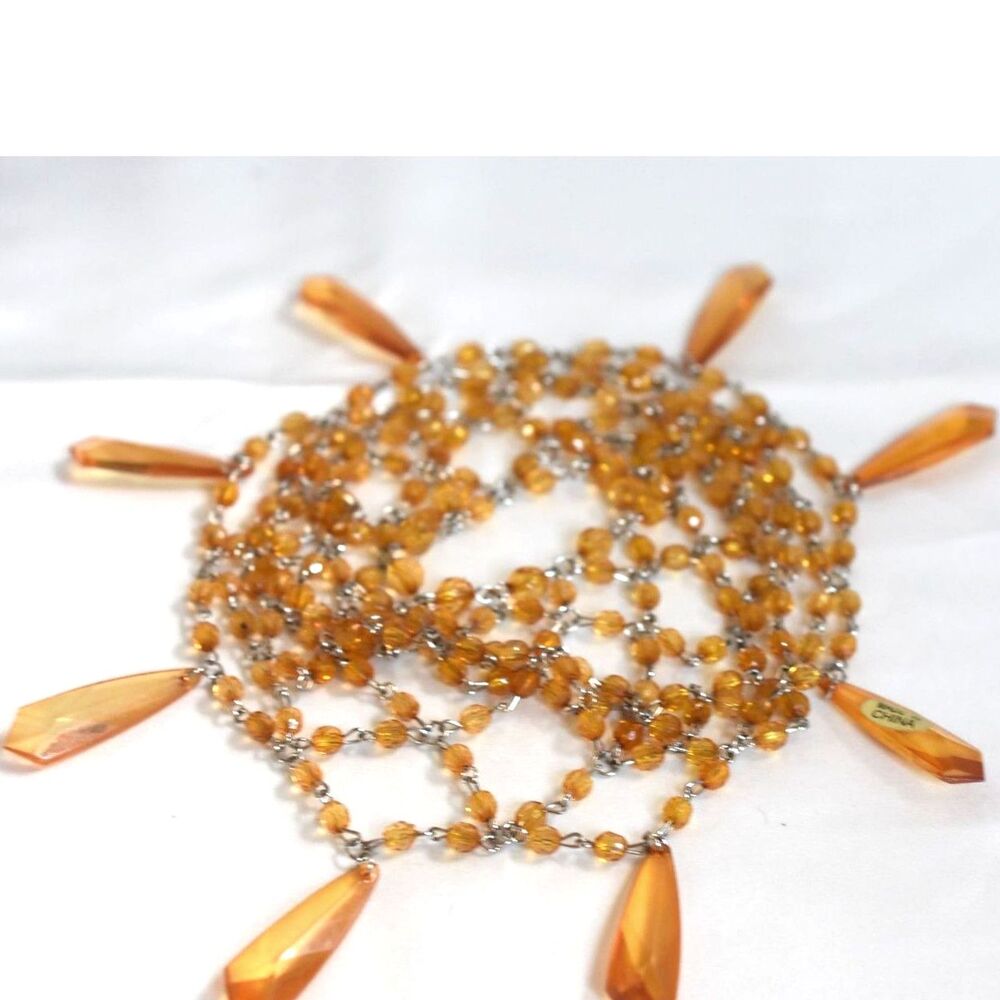 Vintage 1920 Style Orange Beads/Crystal Dangle Silver Tone Links Hair Covering